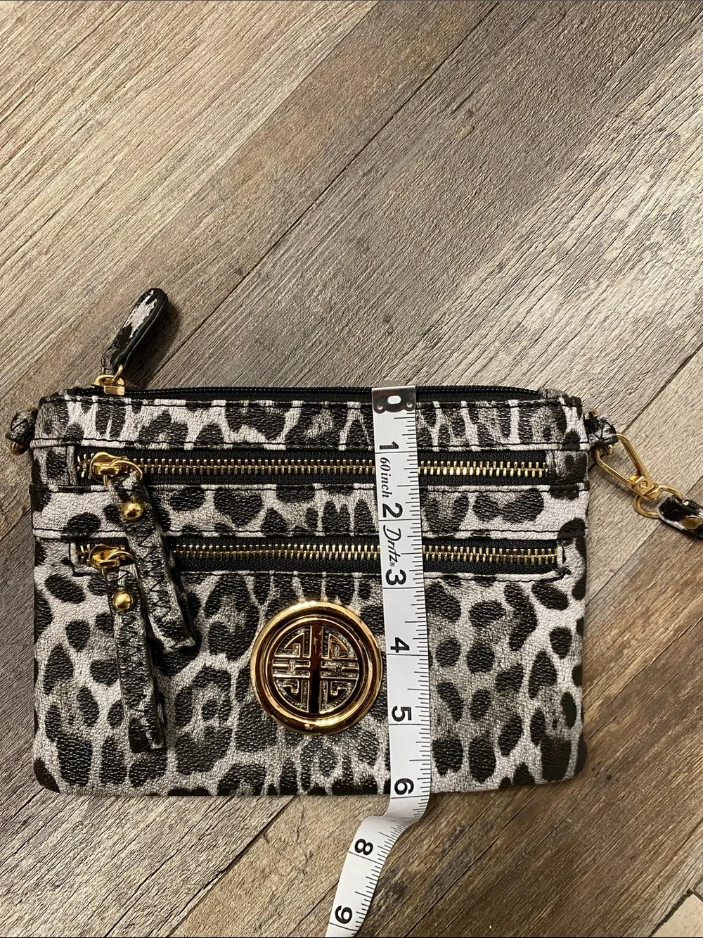 Leopard Print Wristlet Clutch with Gold Emblem